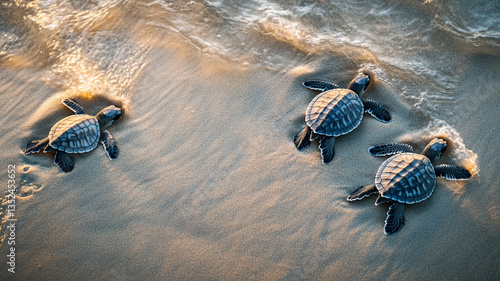 Newborn baby turtles are rushing to the ocean.