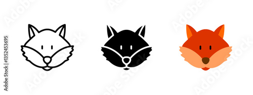 Fox icon. Foxy face vector illustration. Cute furry forest pet symbol. Happy fox sign. Friendly mammal predator head pictogram. Cartoon trickster mascot concept.
