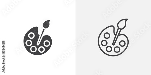 Brush and Palette icon vector set in black flat and line stroke style