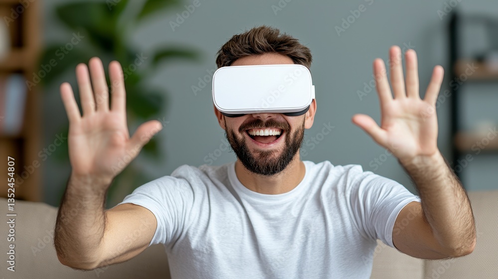Joyful Man Experiencing Virtual Reality with White Headset Joyful Man Experiencing Virtual Reality with White Headset