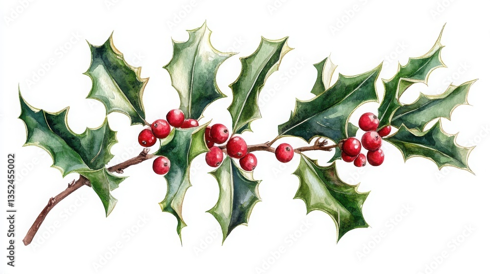 Obraz premium Watercolor illustration of holly branch with red berries and leaves for christmas decorations and designs