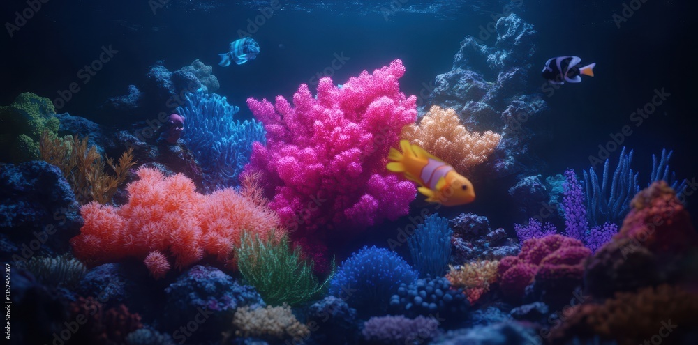 Naklejka premium Underwater scene featuring vibrant coral and colorful fish swimming freely
