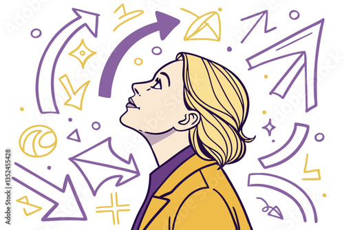 4 Blonde woman looking up, thoughtful expression, surrounded by colorful doodle arrows, abstract symbols, purple and yellow arrows, hand-drawn elements, white background, concept of decision making, m