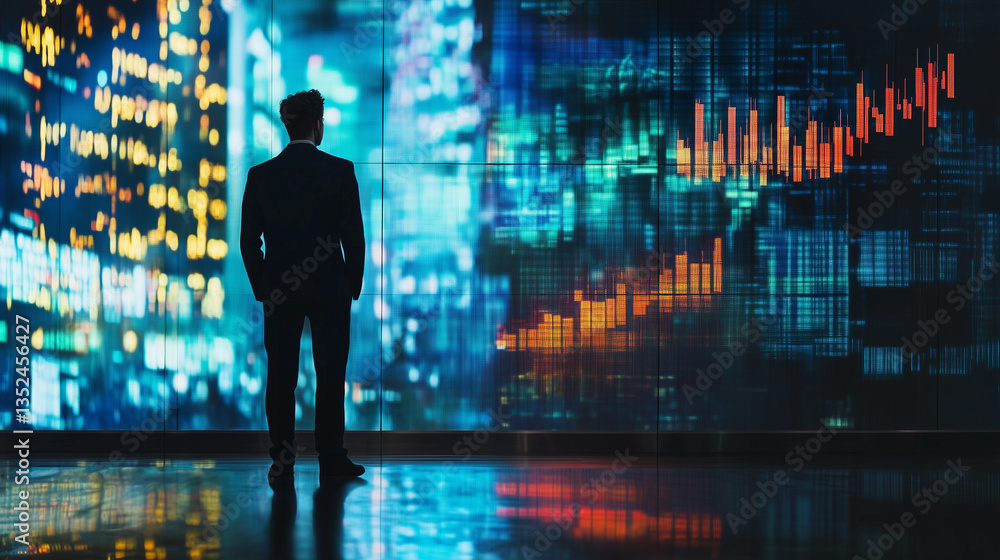 Man observing and analyzing stock market in stock exchange, economic data charts Man observing and analyzing stock market in stock exchange, economic data charts