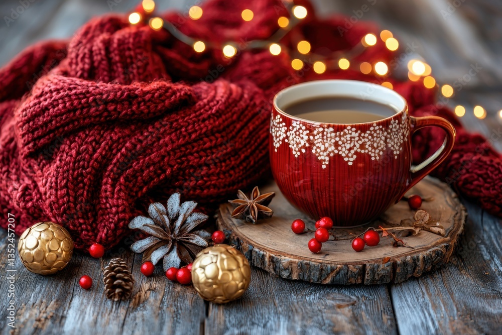 A cozy scene featuring a red mug of coffee or tea, surrounded by festive decorations, including a knitted sweater, pinecones, and twinkling lights. A cozy scene featuring a red mug of coffee or tea, surrounded by festive decorations, including a knitted sweater, pinecones, and twinkling lights.