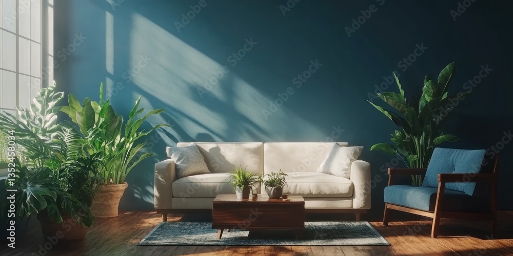 Fototapeta premium A modern living room features plants and natural light inside
