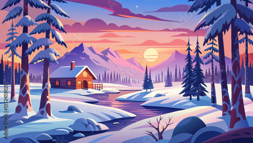 Snowy landscape in Finnish Lapland in winter at sunset