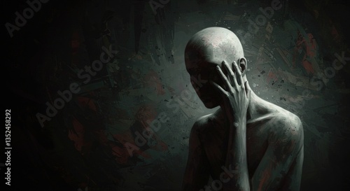 Abstract painting of a bald figure with hand on face in dark setting