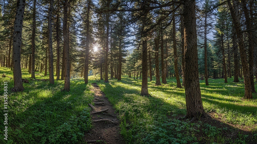 Obraz premium a path in a forest with the sun shining through the trees