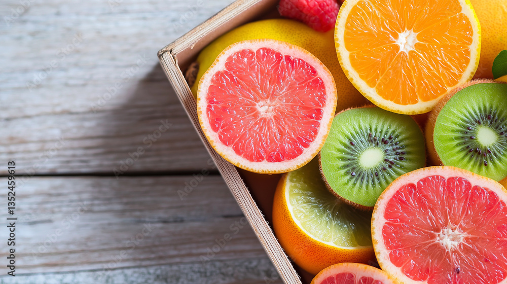 Close-up of a wooden box filled with various fruits. the box is placed on a wooden surface and the fruits are arranged in an aesthetically pleasing manner. Close-up of a wooden box filled with various fruits. the box is placed on a wooden surface and the fruits are arranged in an aesthetically pleasing manner.