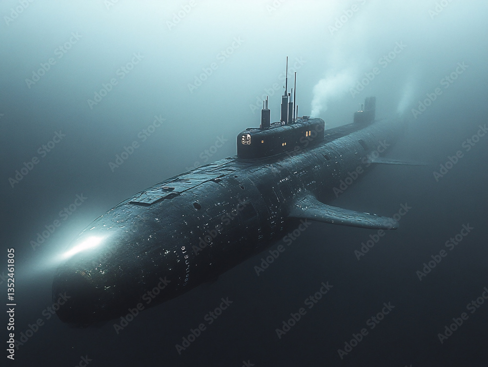 a submarine underwater, with its bow and stern illuminated by bright lights. The submarine appears to be a modern, possibly military vessel, with various antennas and equipment on its surface. a submarine underwater, with its bow and stern illuminated by bright lights. The submarine appears to be a modern, possibly military vessel, with various antennas and equipment on its surface.