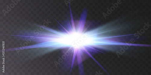Bright glowing explosion of light, abstract energy burst, radiant star flare, dynamic cosmic effect, futuristic illumination, vibrant shine with blue and purple beams, high-intensity optical glow.
