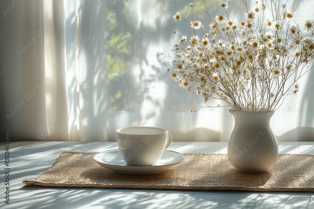 A serene composition featuring a white cup and a vase of flowers against a softly illuminated background, perfect for a calm atmosphere. A serene composition featuring a white cup and a vase of flowers against a softly illuminated background, perfect for a calm atmosphere.
