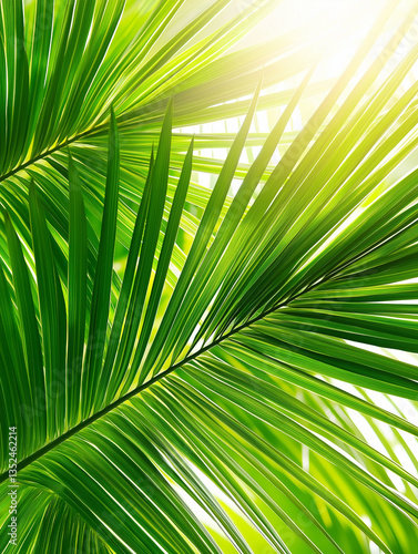 Close-up of a green palm leaf. the leaf is long and slender, with a pointed tip. the leaves are a vibrant green color and appear to be fresh and healthy.