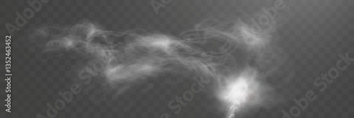 Realistic smoke on transparent background with soft swirling effect, misty fog, airy vapor, atmospheric haze, drifting smog, subtle steam, floating cloud, delicate fumes.
