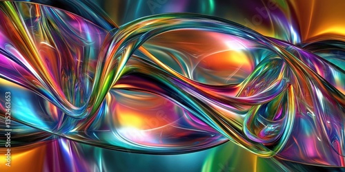 A colorful and dynamic abstract artwork with flowing reflective shapes