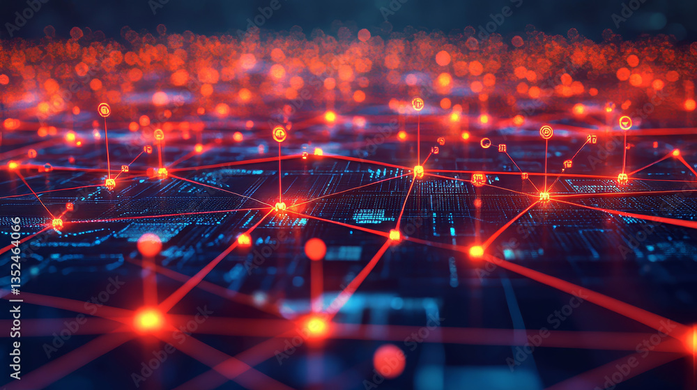 Digital cyberspace with particles and Digital data network connections concept on red background Digital cyberspace with particles and Digital data network connections concept on red background