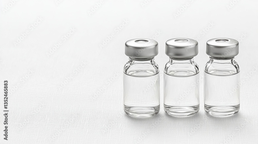 Three clear glass vials filled with liquid, set against a plain background, suggestive of pharmaceuticals or laboratory use. Three clear glass vials filled with liquid, set against a plain background, suggestive of pharmaceuticals or laboratory use.