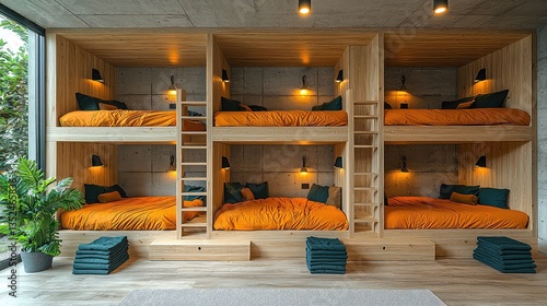 Modern dorm room with wooden bunk beds, orange bedding, and garden view. Ideal for hostel or shared accommodation marketing