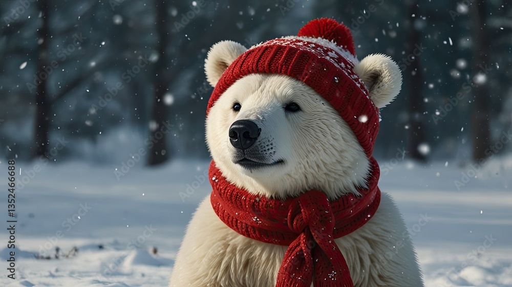 White polar bear in a red hat and scarf in the winter forest. White polar bear in a red hat and scarf in the winter forest.