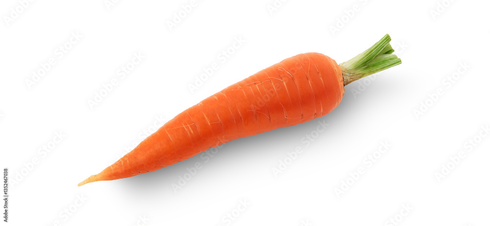 A carrot is shown on a white background. The carrot is long and thin, with a green stem at the top A carrot is shown on a white background. The carrot is long and thin, with a green stem at the top