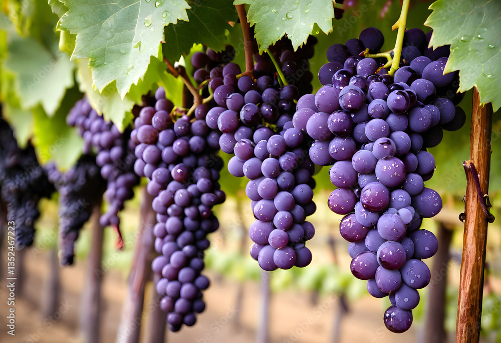 A cluster of deep purple grapes hanging from a vine, glistening with drops of dew, framed by rows of vineyard plants. A cluster of deep purple grapes hanging from a vine, glistening with drops of dew, framed by rows of vineyard plants.
