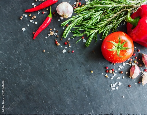 Black stone cooking background. Spices and vegetables. Top view. Free space for your text.
