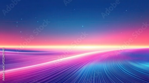 Vibrant Sunset Landscape with Digital Lines