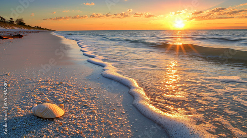 Tranquil coastal sunset with gentle waves and golden sand beach