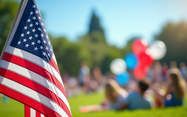 Group of people, large family on green lawn in park for picnic on sunny day, celebrating Independence Day, Fourth of July. American flag in foreground, symbolizing patriotism and national pride