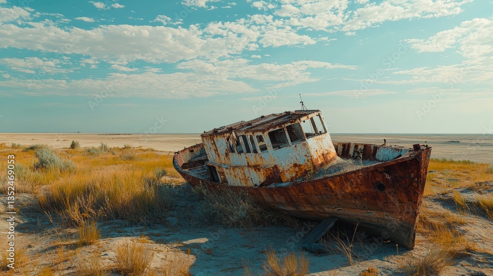 a rusty old abandoned ship in the desert a rusty old abandoned ship in the desert