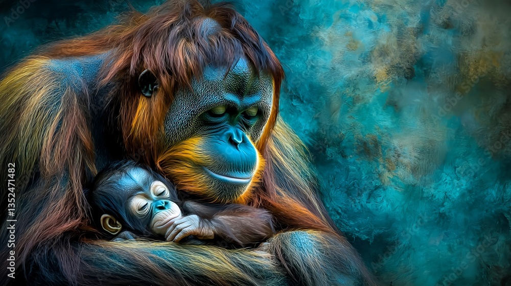 Obraz premium Tender Moment Between Mother Ape and Her Baby in Vibrant Colors