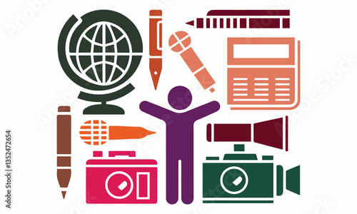WORLD PRESS FREEDOM DAY SILHOETTE ICON SET IN WHITE BACKGROUND.