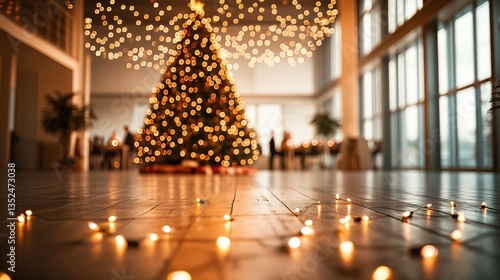 A holiday office party with a beautifully decorated Christmas tree in the background, wide-angle shot, in a corporate event space, festive and elegant composition, with warm fairy lights