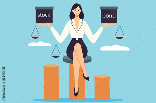 Balancing risk and reward. Woman balancing Stock and Bond boxes, representing portfolio diversification for investment success. Financial strategy and wealth management concept.