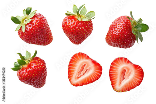 Arrangement of whole and halved strawberries with green leaves on a white surface top down view