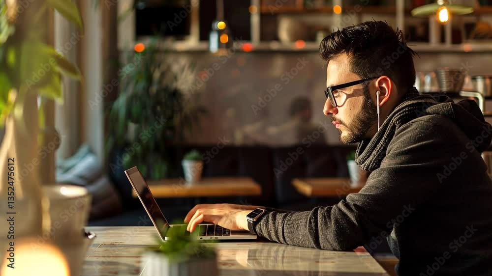 Mann arbeitet konzentriert an Laptop im Café Mann arbeitet konzentriert an Laptop im Café