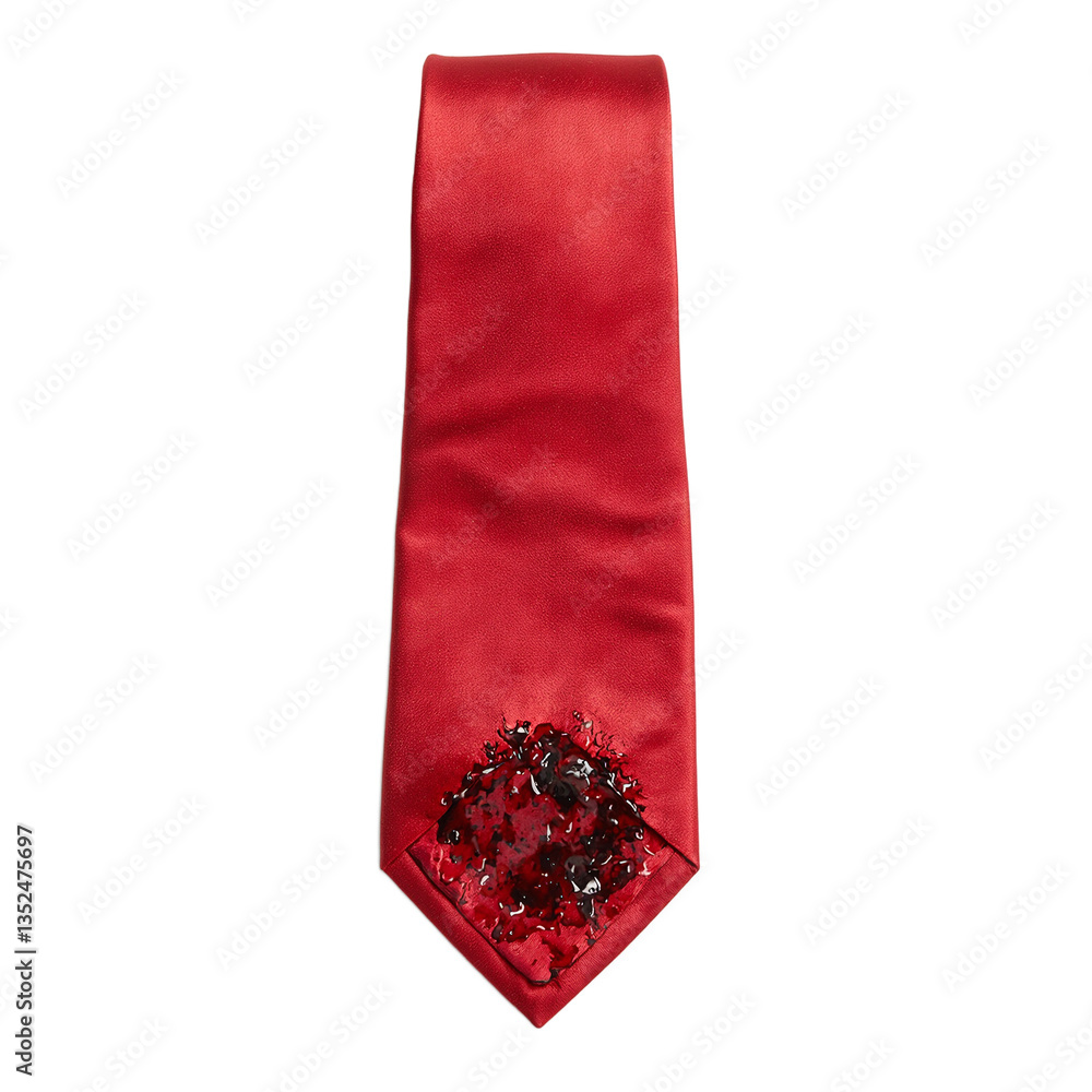 Fototapeta premium Elegant red silk tie with a distinctive oil stain adding character Perfect for concepts of professionalism and imperfection