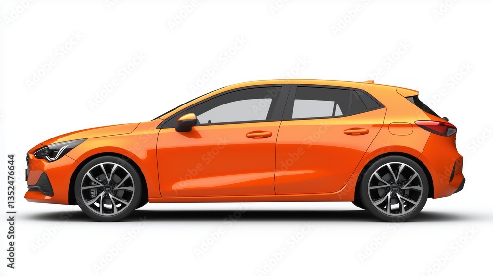 a orange hatchback car, rendered in photorealistic style with highly reflective surfaces a orange hatchback car, rendered in photorealistic style with highly reflective surfaces