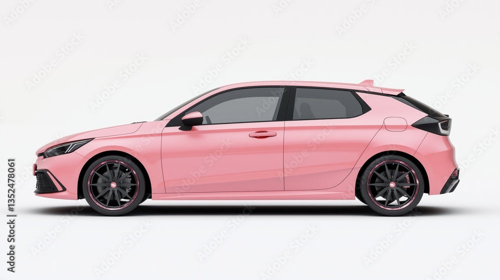 a Powder pink hatchback car, rendered in photorealistic style with highly reflective surfaces a Powder pink hatchback car, rendered in photorealistic style with highly reflective surfaces
