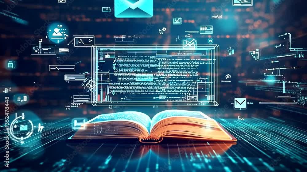 Open book with digital data flow, representing knowledge transfer in a tech-driven environment