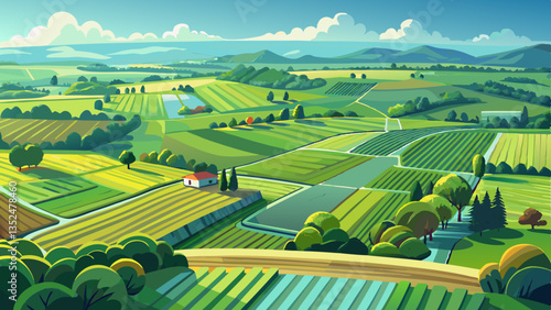 Top aerial view of green fields and meadows in summer. Abstract landscape with lines of fields, grass, trees, sunny sky and lush foliage. Landscape with ..