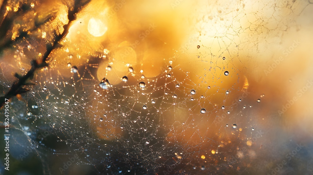 Obraz premium Dew Covered Spiderweb at Sunrise Golden Hour Nature Photography