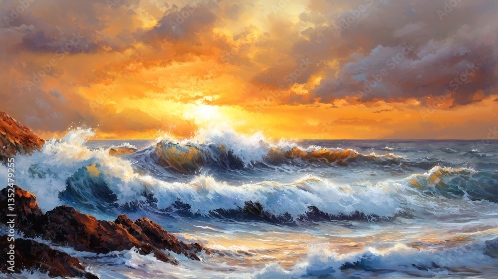 Fototapeta premium A powerful ocean wave crashing against rugged rocks at sunset