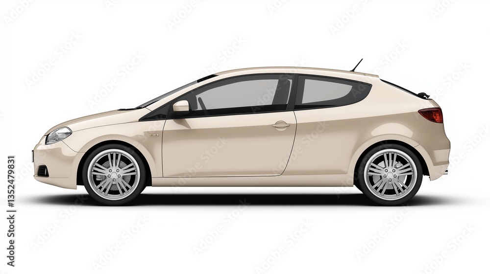 Beige hatchback car, rendered in photorealistic style with highly reflective surfaces Beige hatchback car, rendered in photorealistic style with highly reflective surfaces