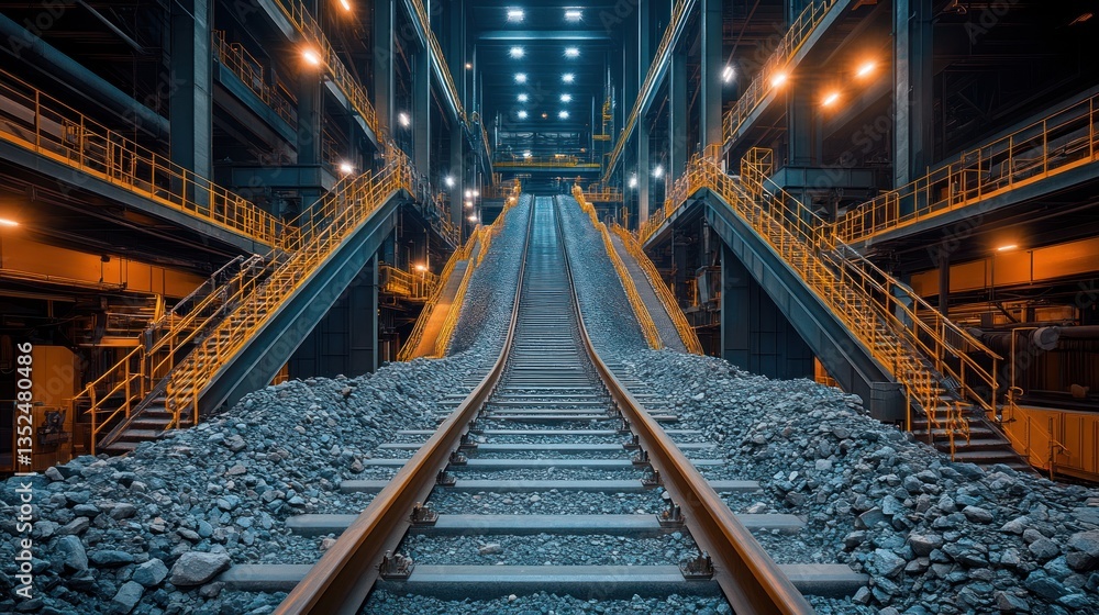 Obraz premium Industrial interior with railway tracks leading to a conveyor belt carrying stones.