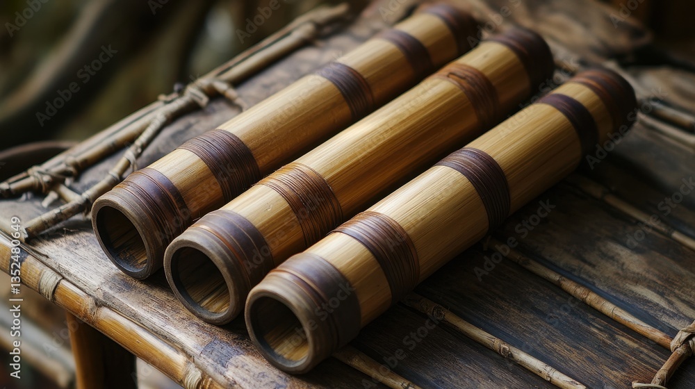Traditional Bamboo Tubes on Rustic Table Traditional Bamboo Tubes on Rustic Table