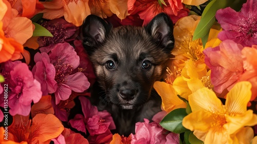 Wallpaper Mural A fluffy, playful puppy surrounded by a vibrant array of colorful flowers, its adorable face peeking out as it enjoys the warmth of the spring season. Torontodigital.ca