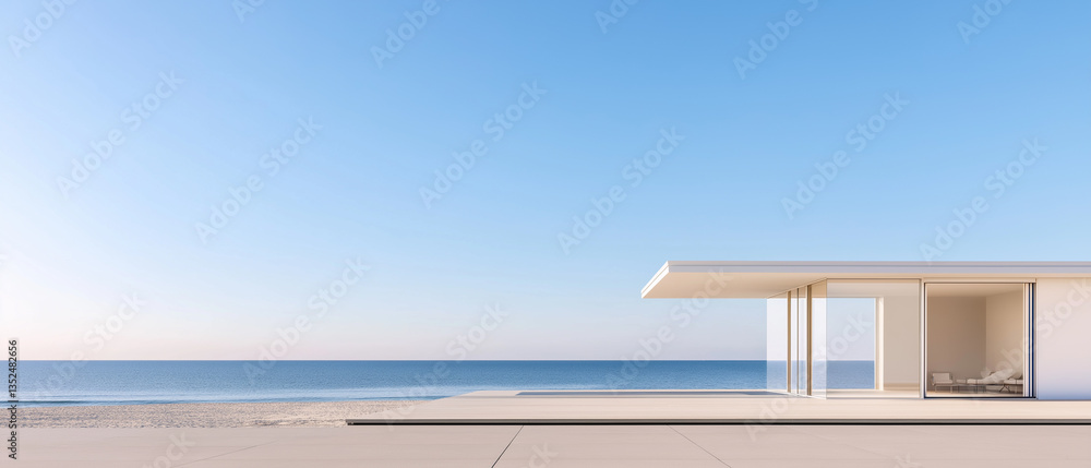 Fototapeta premium Modern house on a beach with a clear blue sky and the ocean in the background. the house is a two-story building with a white exterior and large windows on the right side.