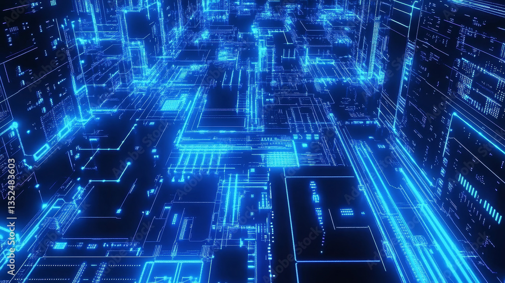 Blue digital cyberspace and digital matrix with particles and lighting. Digital data network connections and digital data analysis process concept. abstract background. Blue digital cyberspace and digital matrix with particles and lighting. Digital data network connections and digital data analysis process concept. abstract background.